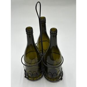 3 Bottle Carrier‎ Caddy Green Glass Bottles Tealight Holder Black Metal Wire